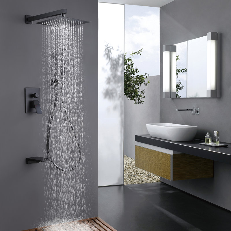Shower System with Waterfall Tub Spout, Shower Faucet Set for Bathroom with 10 Inch Rain Shower Head and Handheld Shower Head Set with Rough-in Valve
