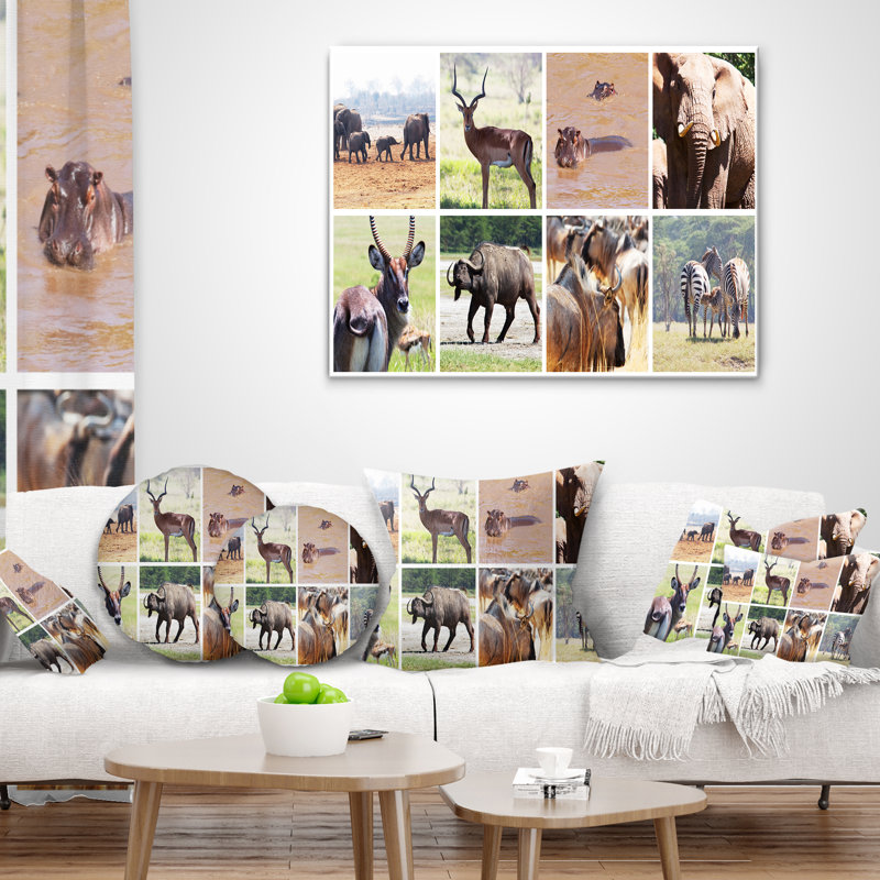 Collage d'une riche faune africaine - coussin imprimé animal, 18 po x 18 po, Coussin décoratif