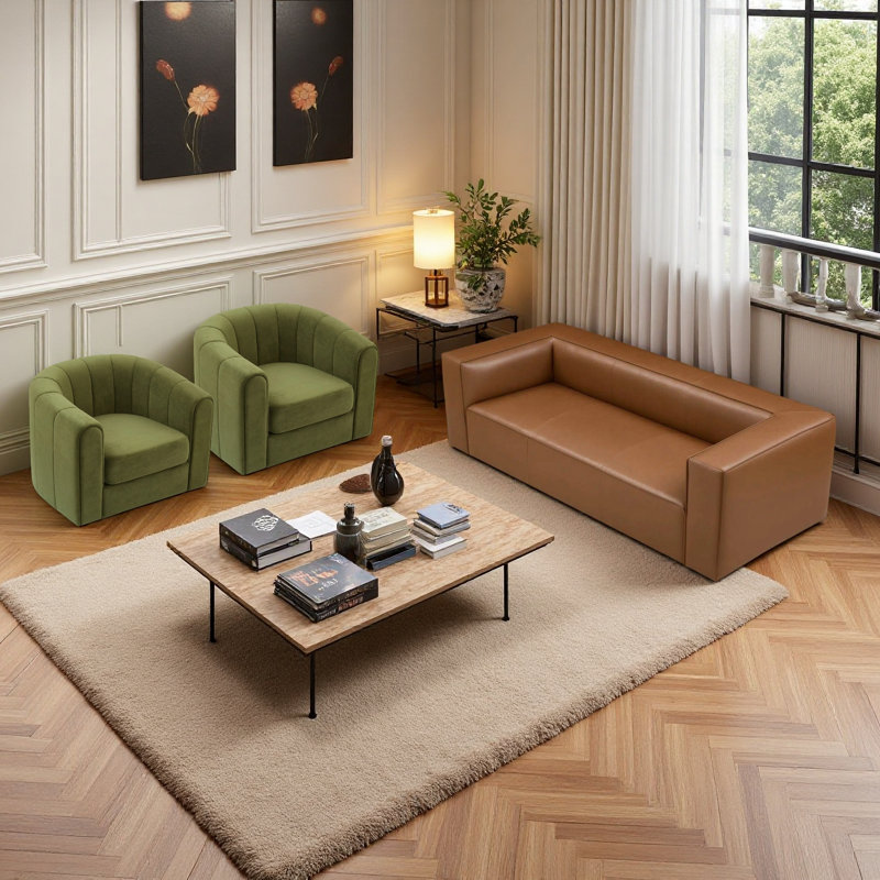 Ensemble de salon 3 pièces avec canapé en similicuir brun clair et fauteuil pivotant vert olive Saddle