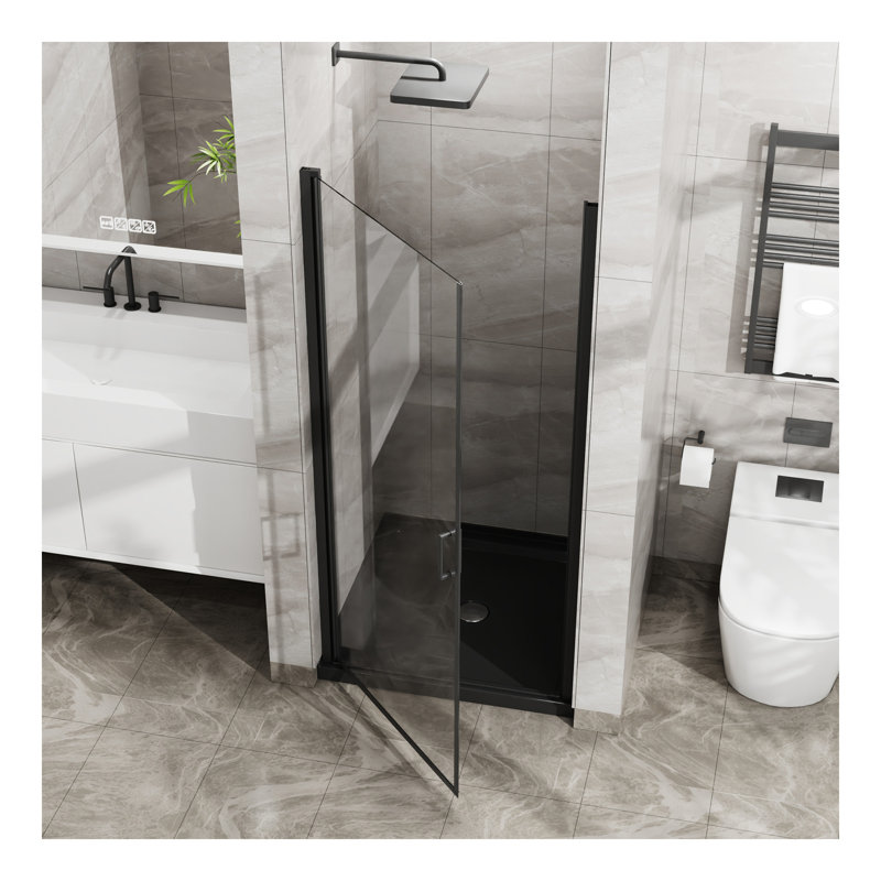 Pivot Shower Door, 1/4 inch Thick Tempered Glass Swing Shower Door, Semi-Frameless Design, Black