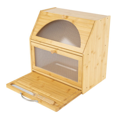 Beige Bamboo Bread Bin Storage Box for Kitchen Countertop Organizer With Cutting Board