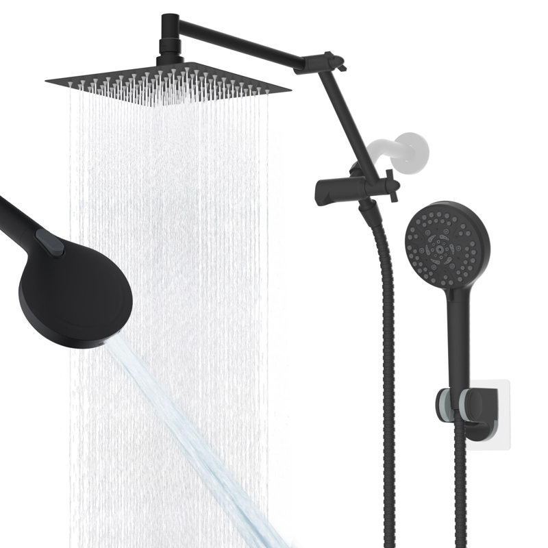 8” High Pressure Rainfall Shower Head With Handheld Spray, 16" Adjustable Extension Arm, Matte Black