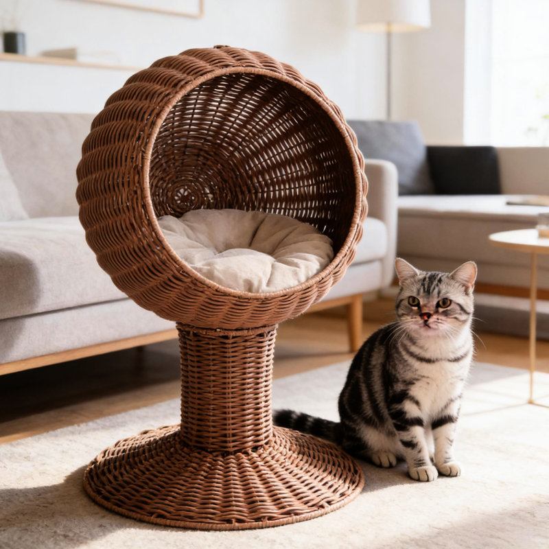Lit pour chat avec cachette surélevée, panier rotatif doux, sans assemblage, plateforme de panier de 10 lb, rembourrage, brun à deux positions