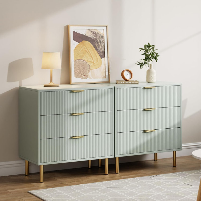 Commode moderne à 3 tiroirs pour chambre à coucher, grande commode en bois avec poignées dorées, Vert