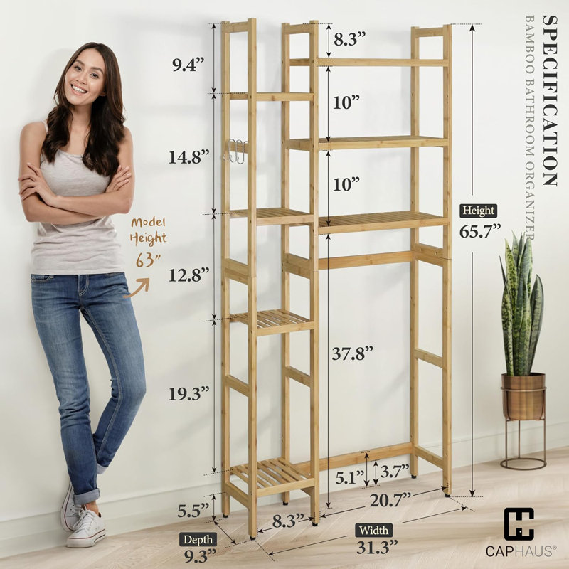 Rangement au-dessus de la toilette réglable en bambou de 31 pouces avec crochets et tablettes latérales, options multiples