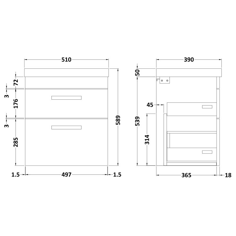 Athena 510mm Single Bathroom Vanity with Integrated Vitreous China Basin, Anthracite Woodgrain