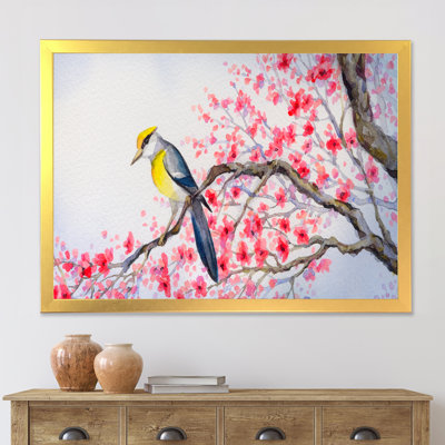 «Beautiful Red Bird on Flowering Branch II», peinture sur toile encadrée
