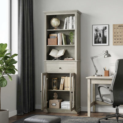 66.5'' Farmhouse Tall Storage Cabinet, Slim 5-Tier Wooden Bookcase with 2 Glass Doors & Drawer, Multi-Purpose Pantry Organizer for Kitchen, Living Room, Entryway, Grey Wood Cabinet