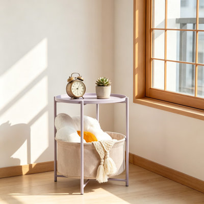 Table d'appoint ronde avec panier de rangement en tissu, table de chevet en métal avec plateau amovible pour salon, chambre à coucher, chambre de bébé, buanderie, violet clair