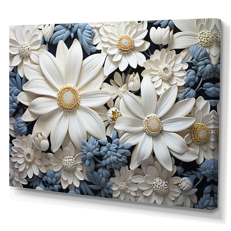 «White Daisy Meadow Elegance I», art mural encadré marguerites, L 32 po x H 24 po x P 1 po, Toile tendue