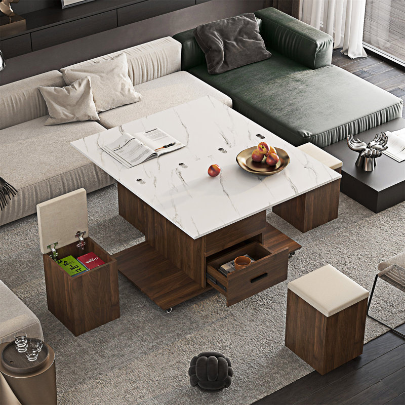 Table basse relevable avec tabourets et rangement