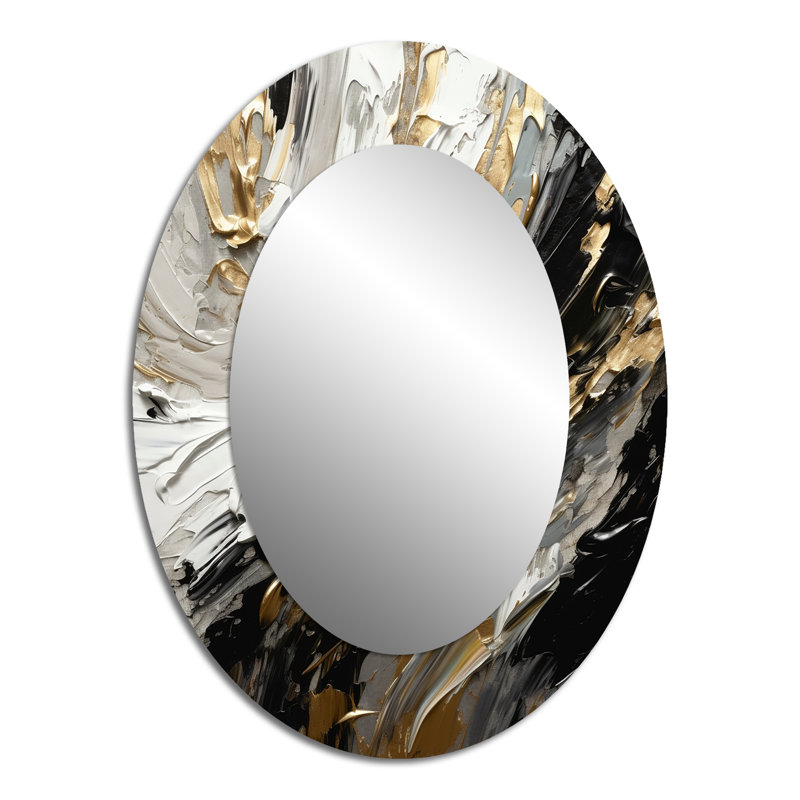 Exquisite Darling Gold Abstract Wave On Black III - Large Oval Wall Mirror On Metal, 40" x 30"