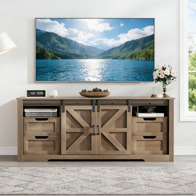 Modern TV Stand For TVs Up To 70'', 66" Entertainment Center with 4 Drawers & Sliding Barn Door, Wooden Media Console Table for Living Room, Brown