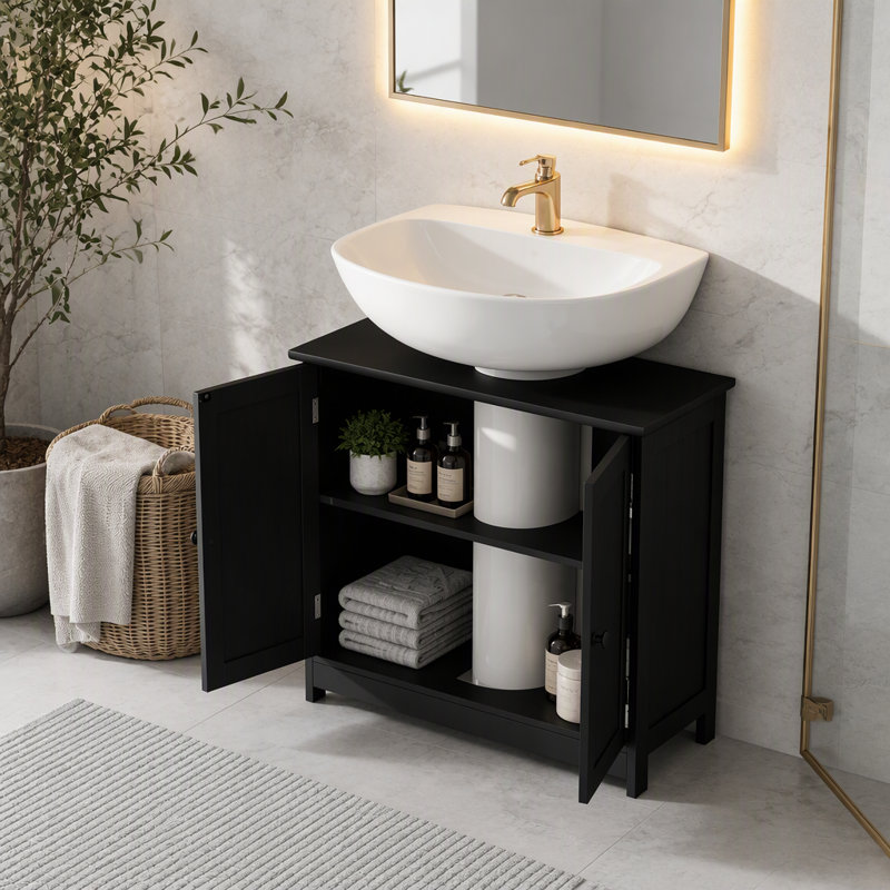 Meuble de rangement sous lavabo de 60 cm (23,5 po) avec découpe en U, organisateur de meuble-lavabo moderne à double porte avec tablette réglable, lavabo non inclus