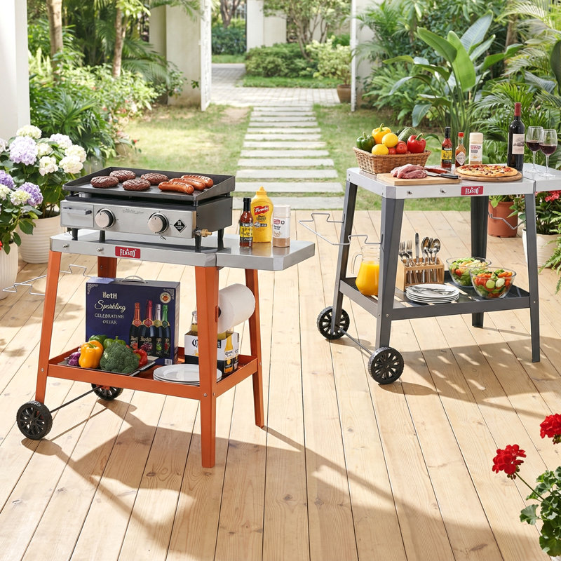 Feasto  Stainless Steel Kitchen Cart Table with Wheels, Movable Grill Part with Foldable Side Table, Orange