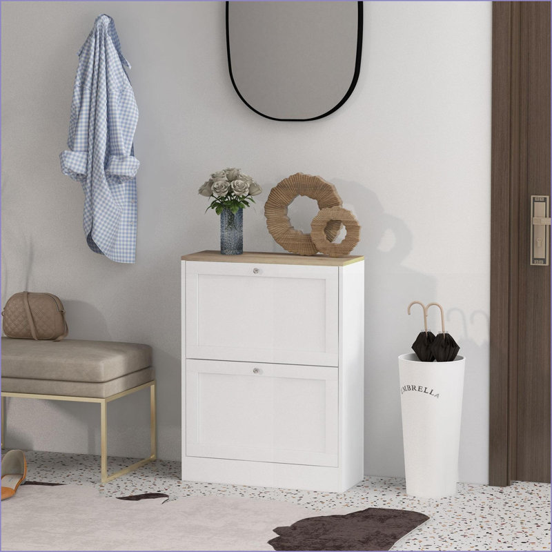 Cabinets Slim Modern Entryway Shoe Storage with 2 Flip Drawers, Adjustable Shelves, Holds 12 Pairs | Off-White | Particle Board