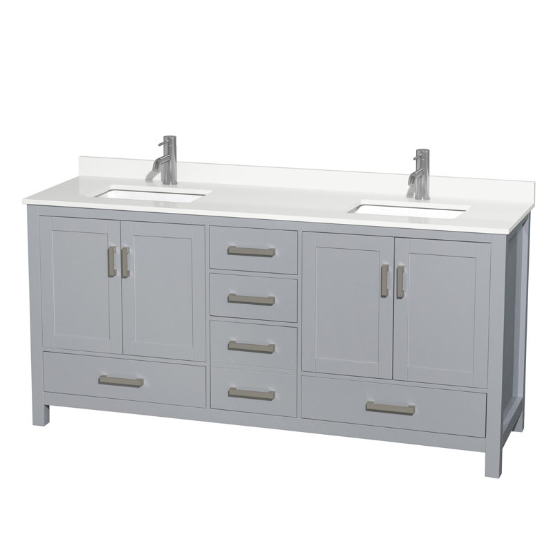 Sheffield 72" Freestanding Double Bathroom Vanity with Quartz Top, Chrome, Gray, White Quartz