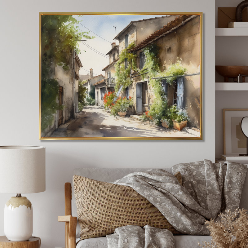 Riba, village méditerranéen, rue Ix sur toile, H 34 po x l 44 po x P 1,5 po, Cadre flottant doré