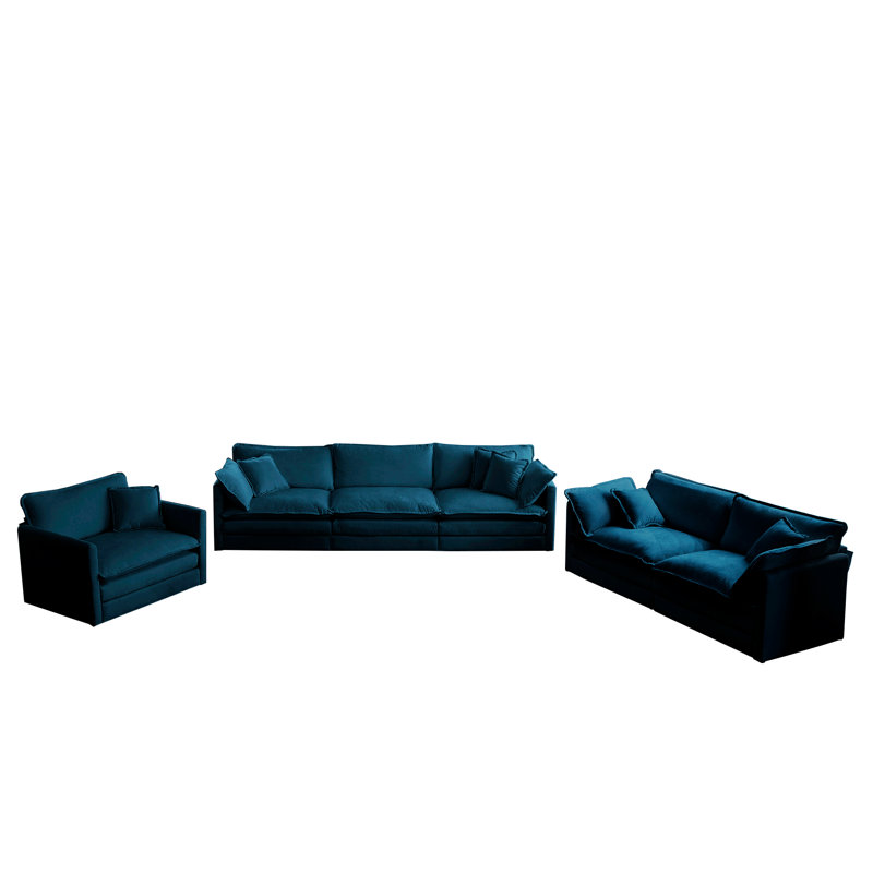 Ensemble de conversation avec canapé en tissu chenille Athenia, Chenille bleu, 2 Sofas + 1 Chair