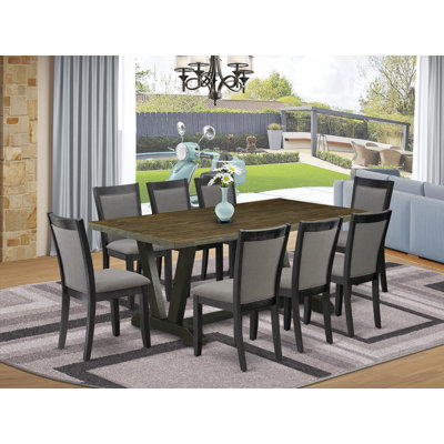 Ensemble de table 9 pièces - Plateau en bois patiné Jacobean avec base à tréteaux et 8 chaises Parson en tissu gris foncé Gotham