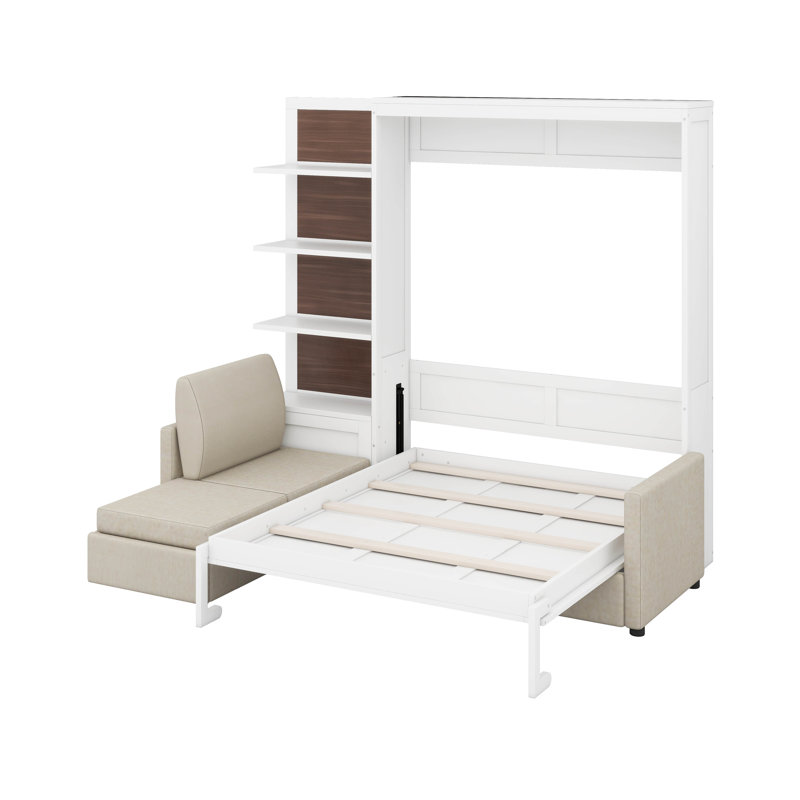 Grand lit escamotable avec canapé et tablettes, Blanc