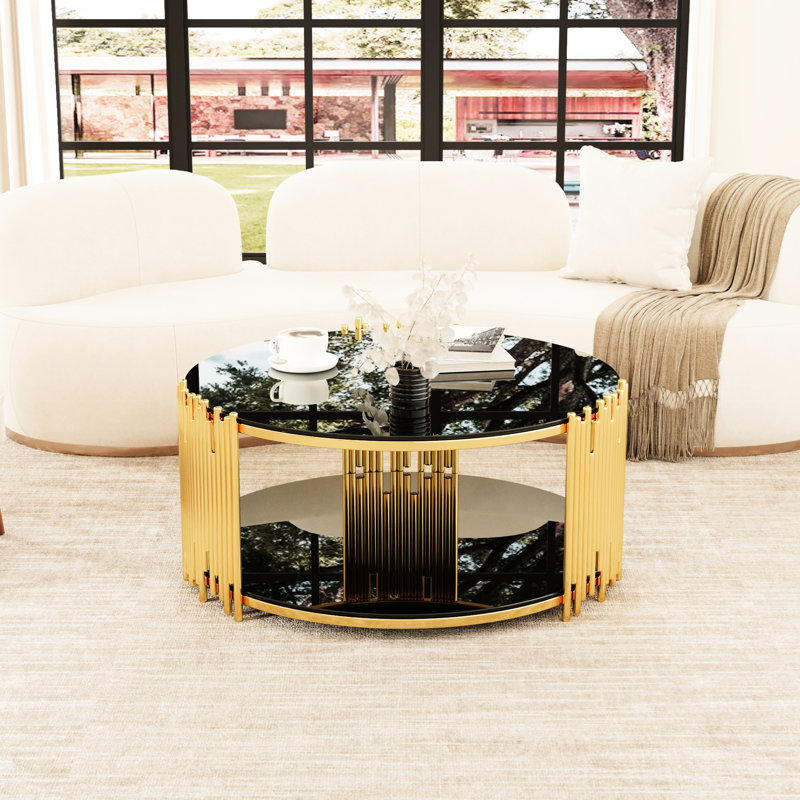 Table basse en acier inoxydable et verre noir pour un salon élégant avec verre trempé et décor surélevé