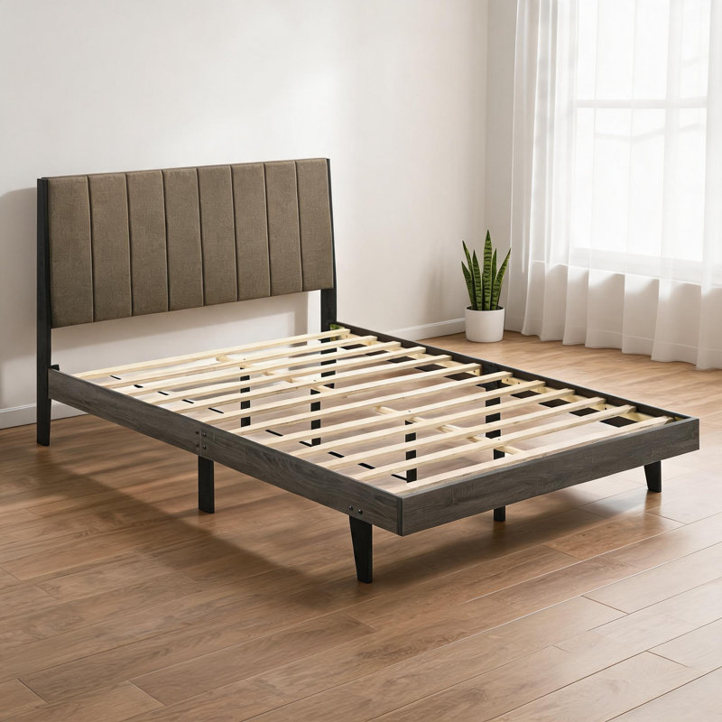 Lit plateforme tapissier gris ardoise et brun pour chambre à coucher, lit grand format en bois massif et en tissu avec support de matelas fiable