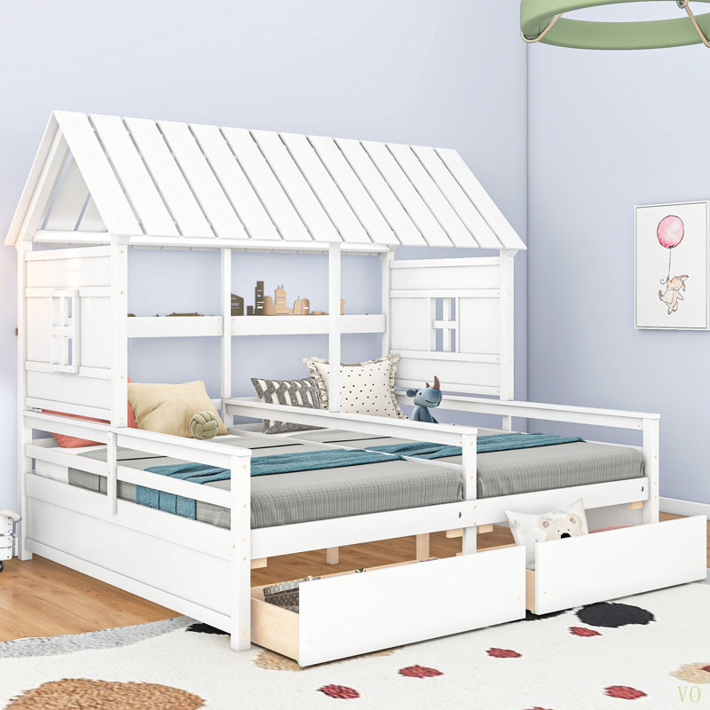 Lit plateforme simple avec deux tiroirs pour lits partagés garçon et fille, combinaison de 2 lits simples côte à côte