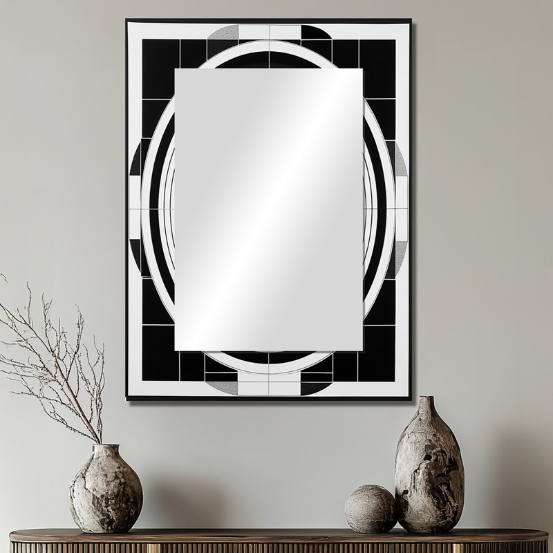 Bauhaus noir et blanc, minimalisme circulaire - miroir géométrique, miroir mural décoratif noir, impression d'art en métal
