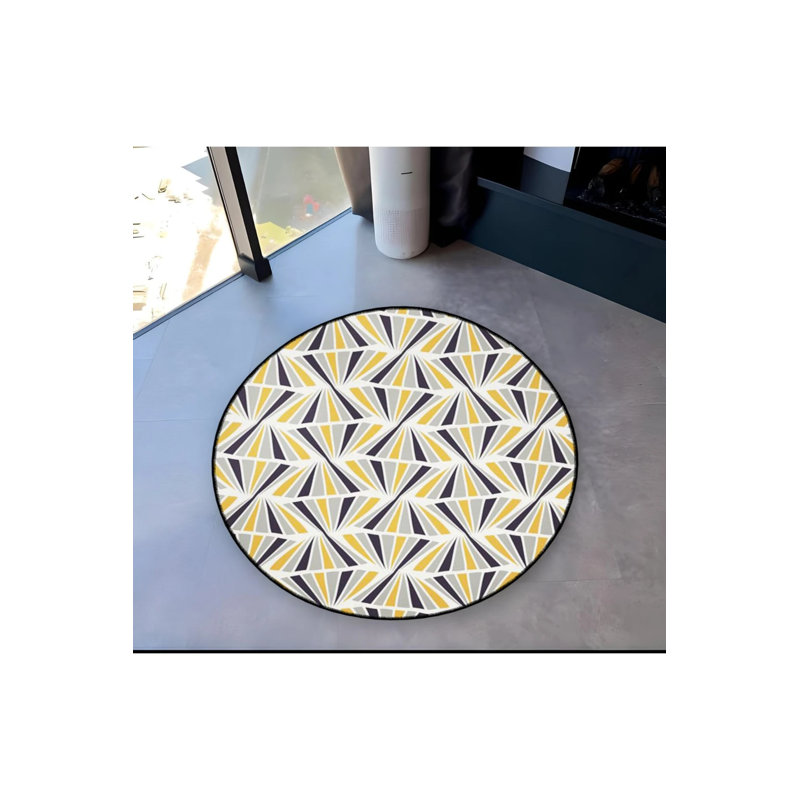 Yellow Gray Theme Geometric Patterned Round Woven Base Modern Decorative Carpet, Round 2'8"