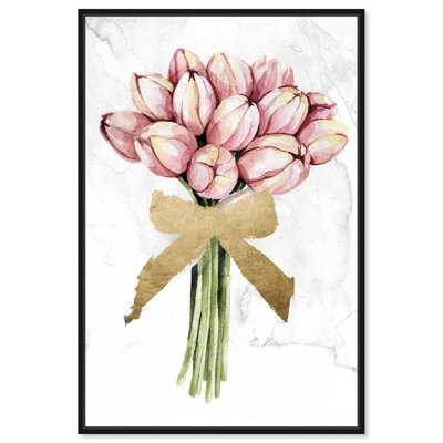 «Floral and Botanical Dusty Pink Tulips Gold Florals», reproduction d'impression sur toile