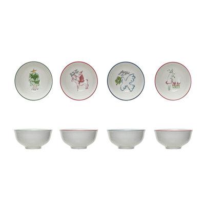 Stoneware Bowl With Holiday Image And Coloured Rim