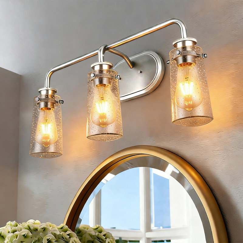 Luminaire de salle de bain à 3 lumières avec verre granuleux transparent, nickel brossé, Nickel brossé