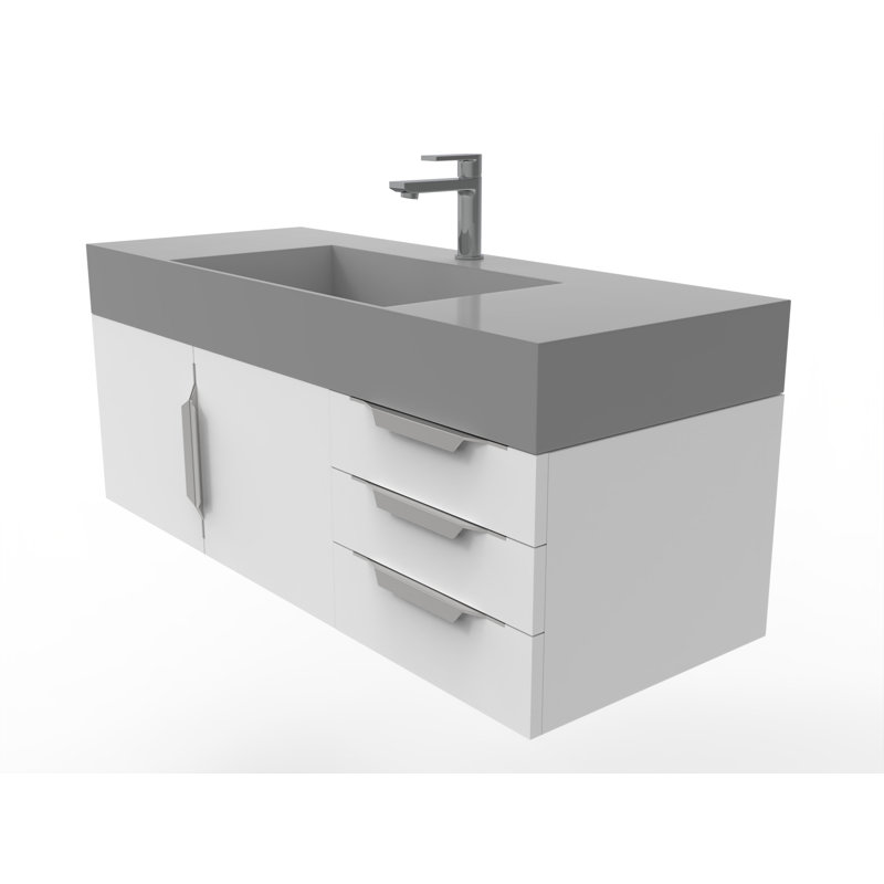 Meuble-lavabo mural simple 48 po avec comptoir à surface solide 48 po, gris, Blanc, Chrome