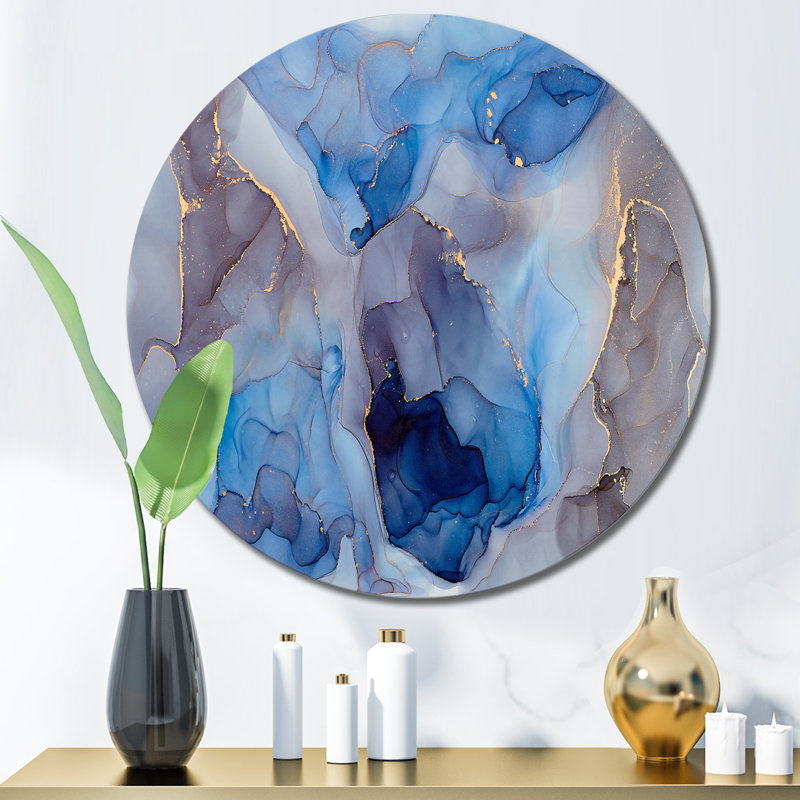 Bleu et gris, art abstrait fluide de luxe III - cercle moderne en métal, art mural, H 36 po x l 36 po x P 1 po