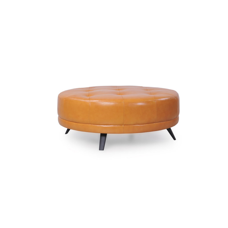 Tan Round Genuine Leather Ottoman with Black Metal Legs