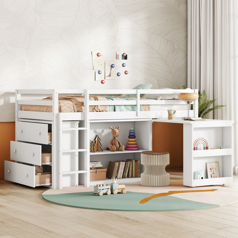 Twin Loft Bed with Drawer, Cabinet, Shelf Cabinet and Pulling -Out Desk, White