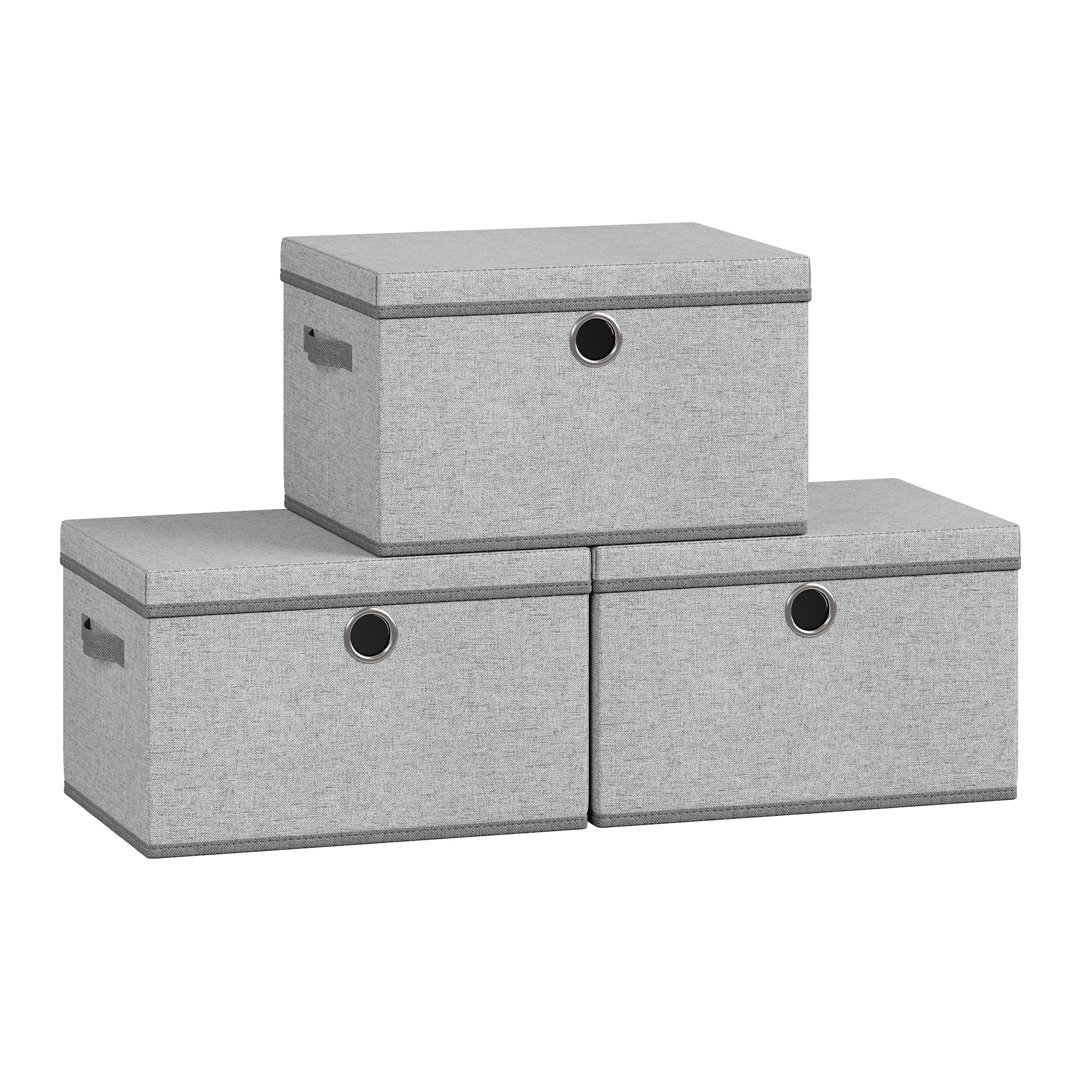 Cube Storage Boxes with Lids, 3 Pack Fabric Organiser Baskets, Odourless PP Sheets, Foldable and Stackable, with Handles, Dove Grey