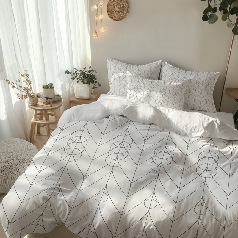 White Geometric Comforter Set, King Comforter + 2 King Shams