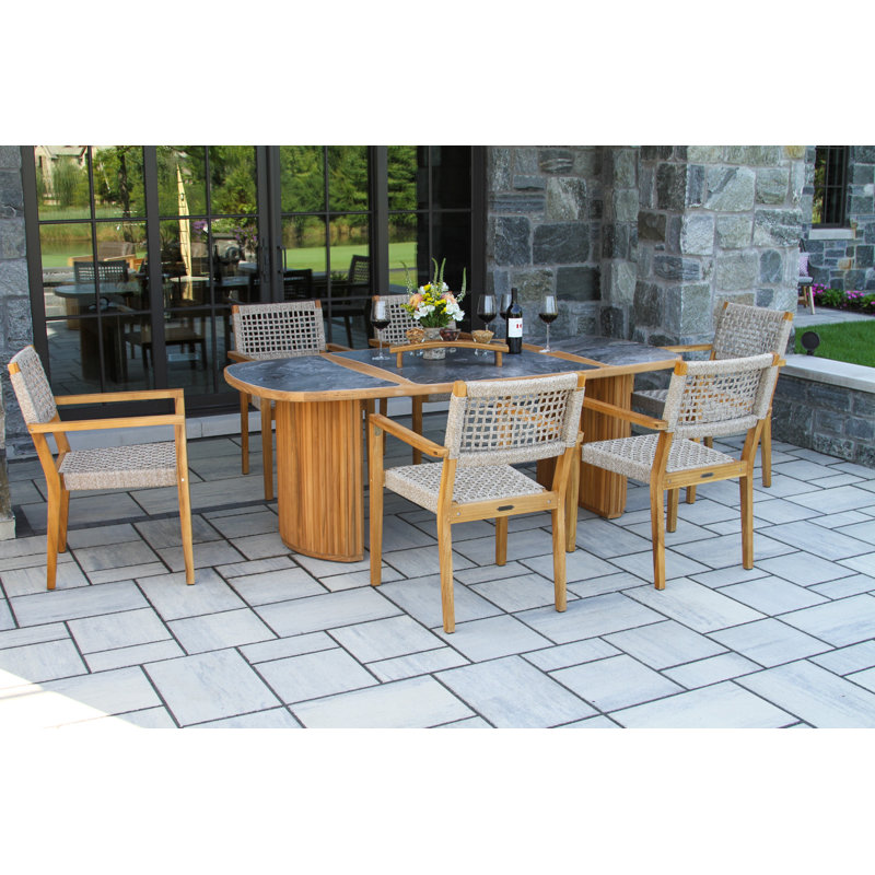 Cava 7 Pc. Teak & Rope Oval Dining Set With Orobico Stone Top, Gray