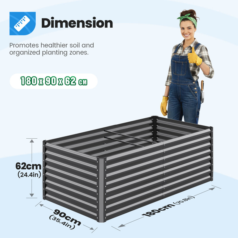 Metal Raised Garden Bed, 180x90x62cm