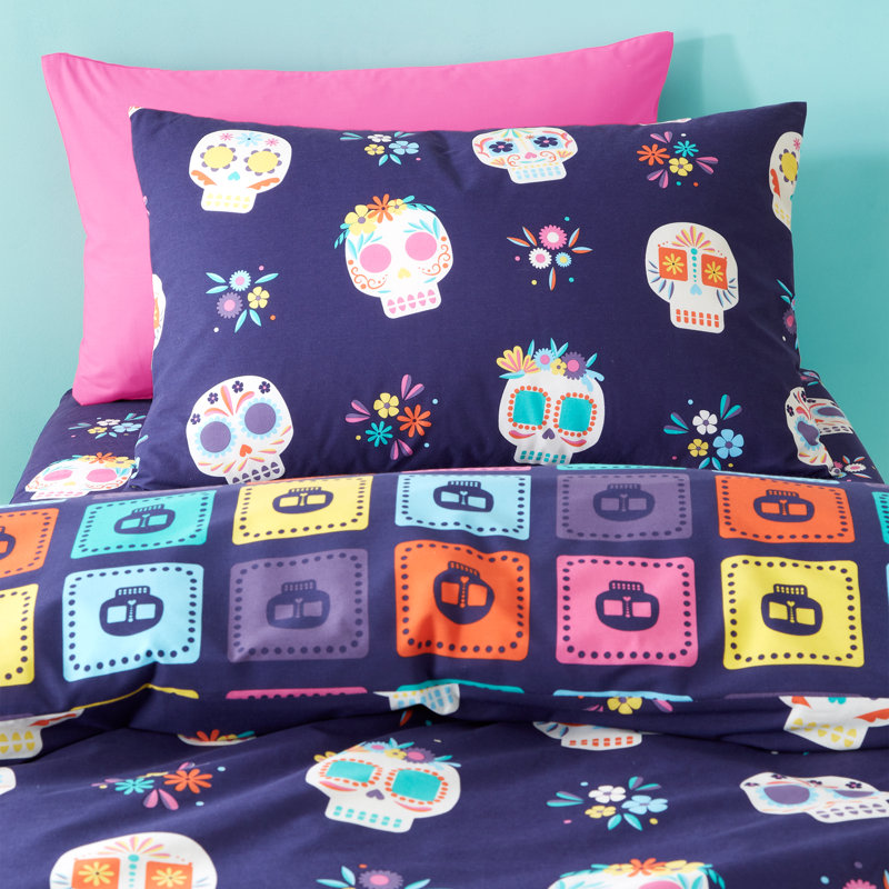 Sugar Skull Fiesta Reversible Duvet Cover Set, Single Duvet Cover + 1 Standard Pillowcase