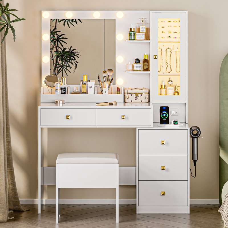 Vanity Desk with Mirror and Lights, Makeup Vanity with 5 Drawers and Hidden Jewelry Organizer, White