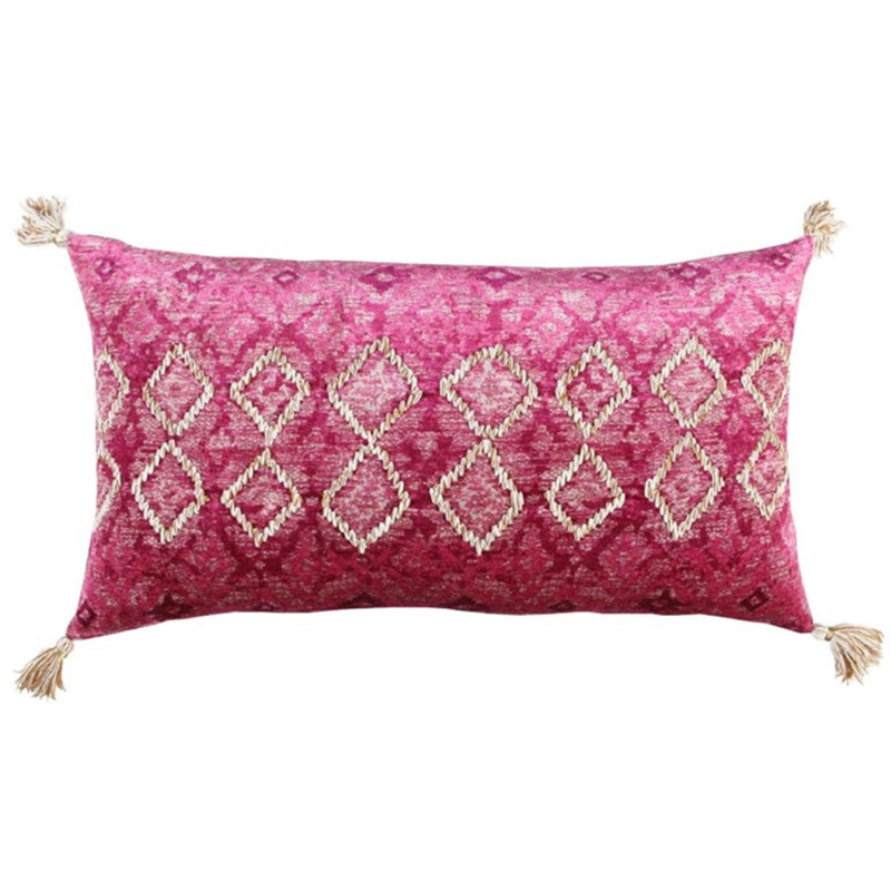 Pink and Ivory Embroidered Cotton Velvet Lumbar Pillow