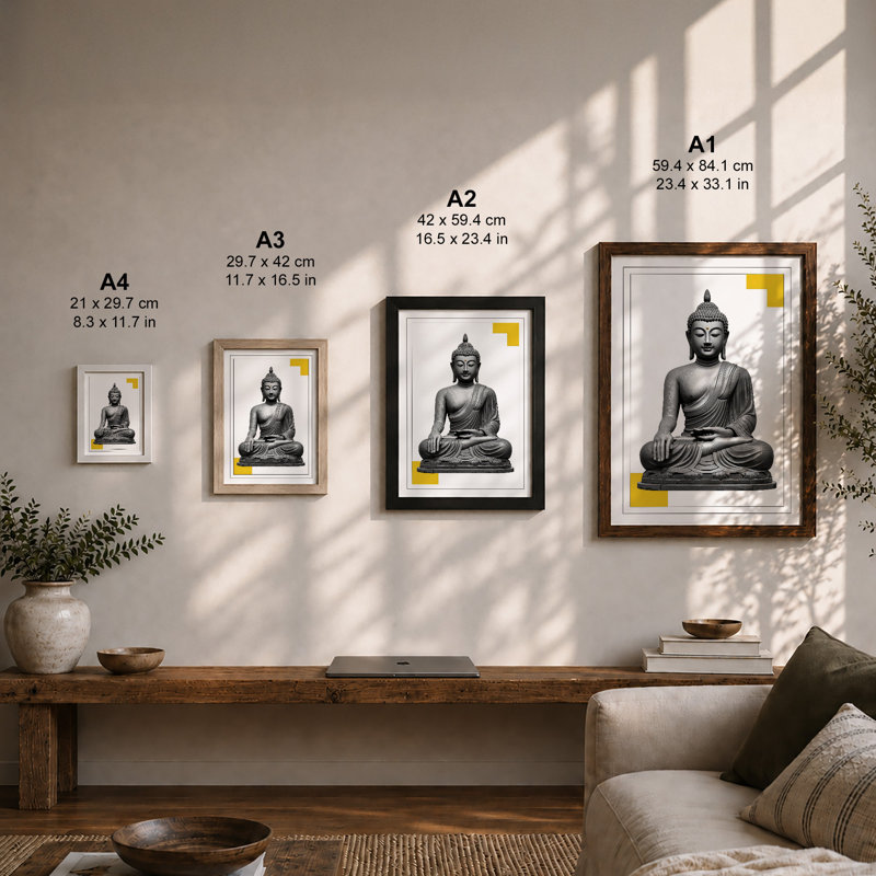 Buddha in Meditation Minimalist - Framed Print, Walnut, A4 - 29.7 x 21.0 cm