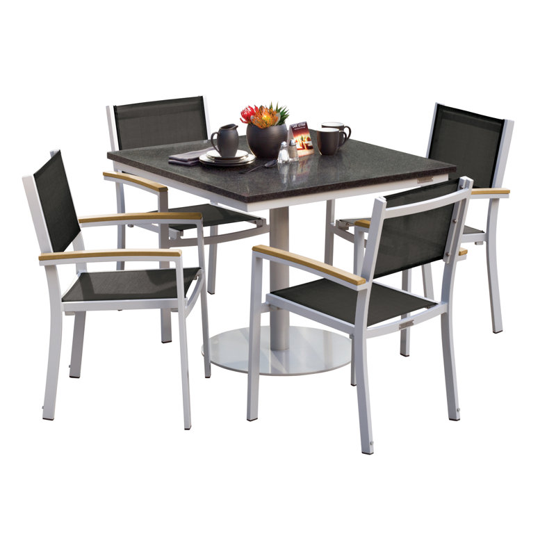 Travira Stacking Patio Arm Chair, Black, Flint, Tekwood Natural