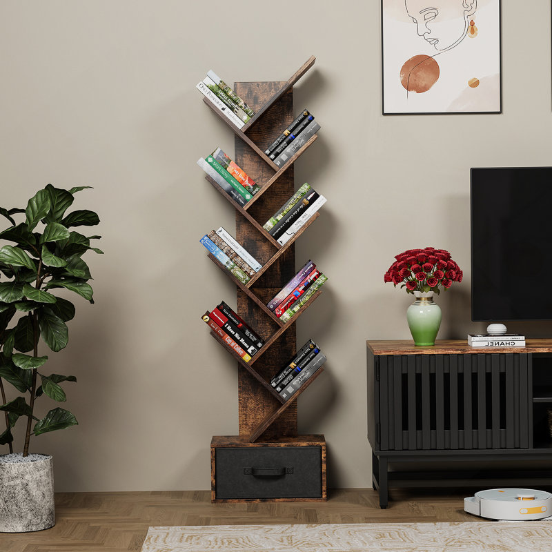 9 Tier Tree Bookshelf With Drawer Bookcase, Modern Book Storage, Free Standing Tree Bookcase, Utility Organizer Shelves