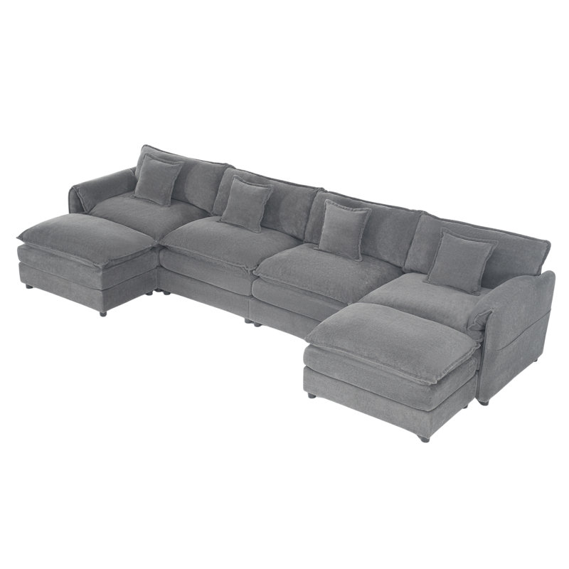 Modular U‑Shape Chenille Sectional Sofa, 145" W Oversized Cloud-Style Couch for Large Living Rooms, Dark Gray, Gray Chenille