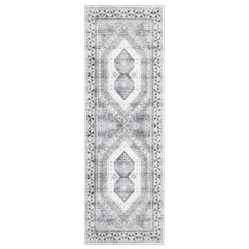 Machine Washable Rug Low Pile Rug Bohemian Tribal Bedroom Rug Stain Resistant Ultra-Thin Non-Slip Distressed Carpet for Living Room