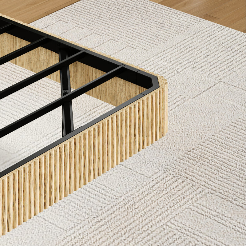 Oak - Colored Queen Floating Bed Frame, Wave Shaped Wood Panel, Led Lighting System With One Touch Scene Creation, Heavy Duty Metal Slats, Invisible Suspension Design, Sound Activated Color Change,